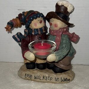Snowman candle holder “Love Will Keep Us Warm” 7” x 7” votive candle